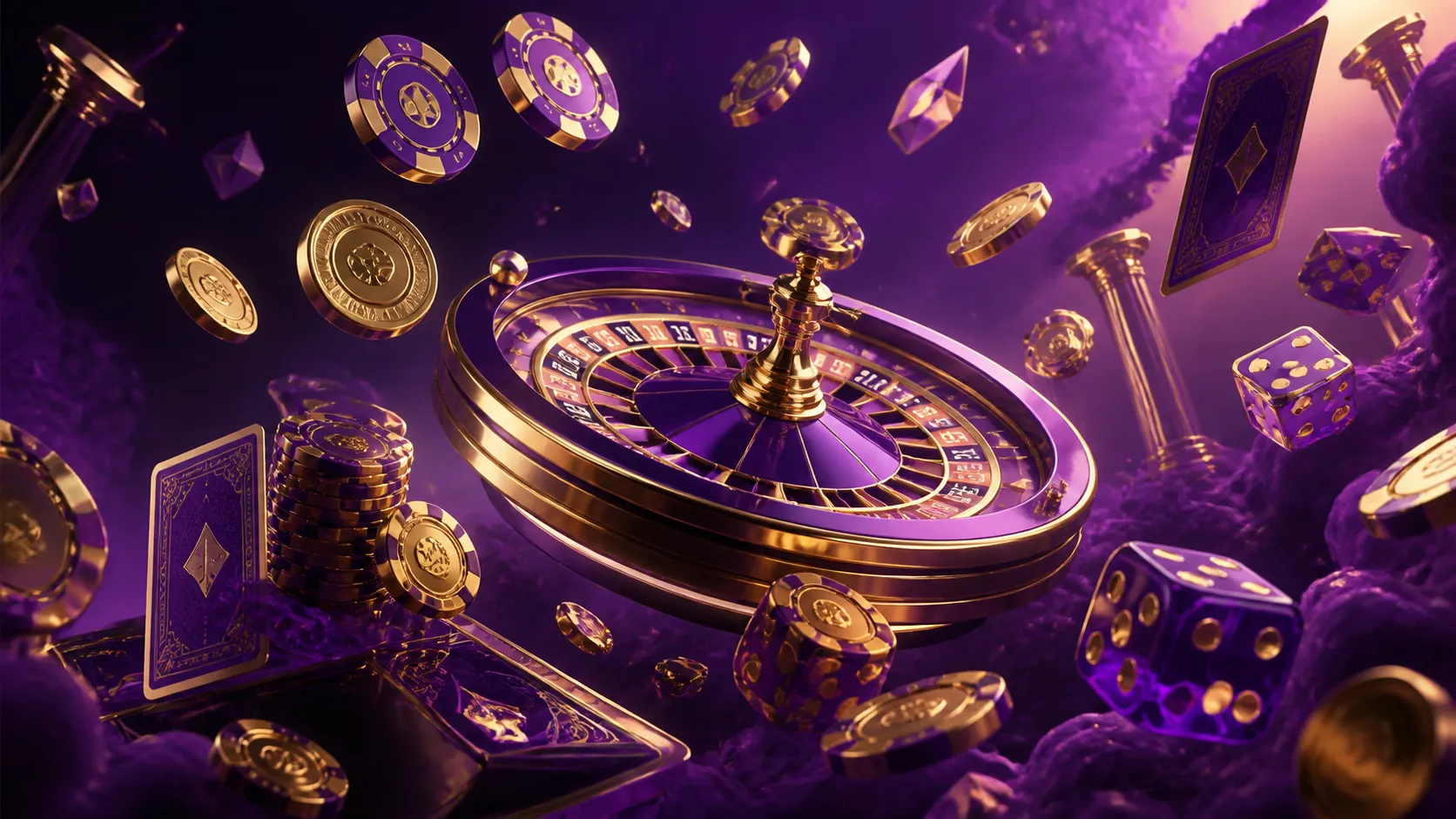 Cinematic hero banner featuring neon-lit roulette wheel and floating poker chips, embodying luxury and excitement for Gtspins